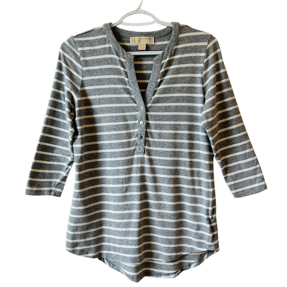 Michael Kors Grey White Striped Split V Neck 3/4 Sleeves Cotton Tee Jumper Sz S